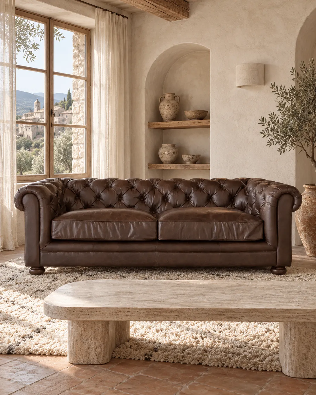 Plan rapproché du canapé Chesterfield Maisons du Monde 2 places en cuir, coloris marron, style chesterfield, dans un salon (mise en situation illustrée par IA)