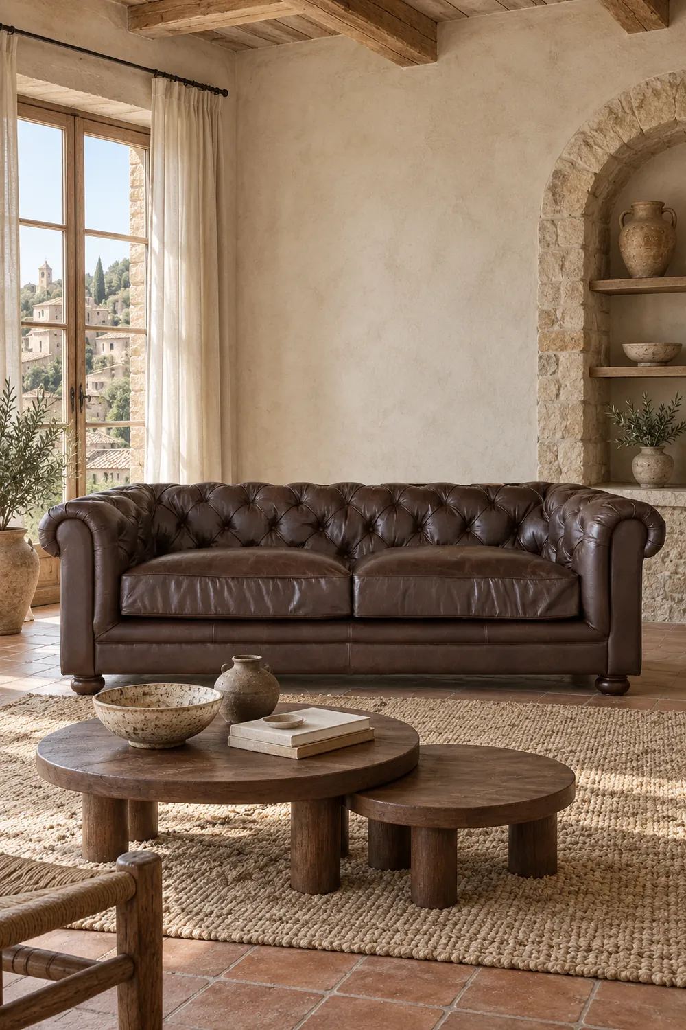 Vue d'ensemble du canapé Chesterfield Maisons du Monde 2 places en cuir, coloris marron, style chesterfield, dans un salon (mise en situation illustrée par IA)