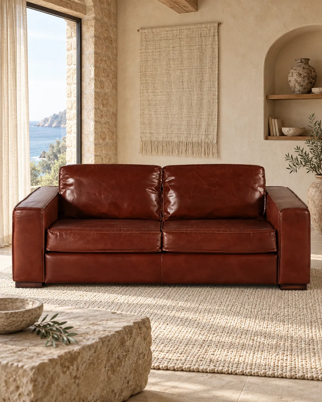 Plan rapproché du canapé Colonel Maisons du Monde 3 places en cuir, coloris marron, style vintage, dans un salon (mise en situation illustrée par IA)