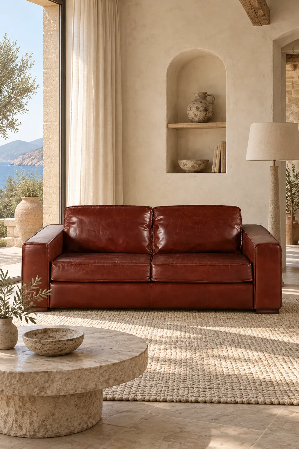 Vue d'ensemble du canapé Colonel Maisons du Monde 3 places en cuir, coloris marron, style vintage, dans un salon (mise en situation illustrée par IA)