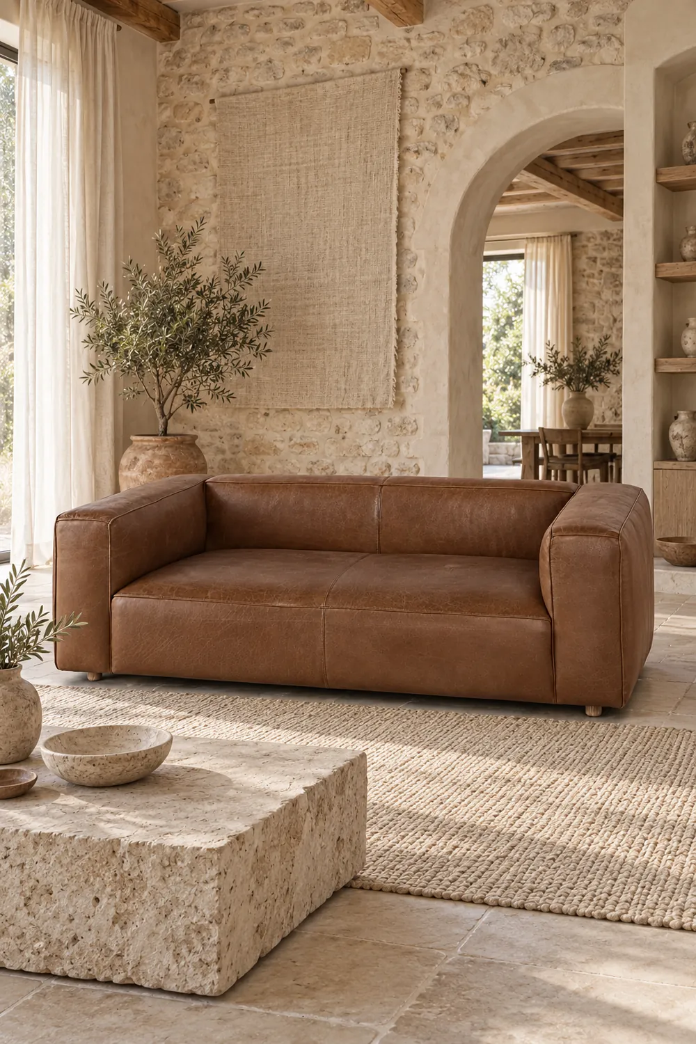 Vue d'ensemble du canapé Neo John Maisons du Monde 3 places en cuir, coloris marron, style contemporain, dans un salon (mise en situation illustrée par IA)