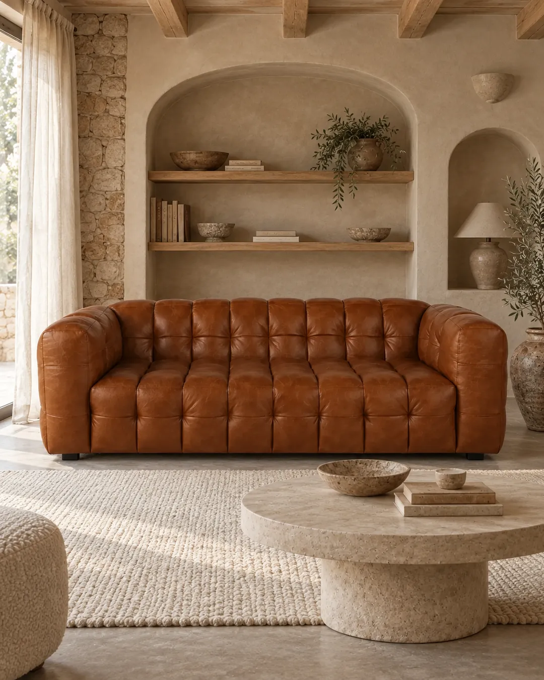 Plan rapproché du canapé Lilo Maisons du Monde 3 places en cuir, coloris camel, style arrondi, dans un salon (mise en situation illustrée par IA)