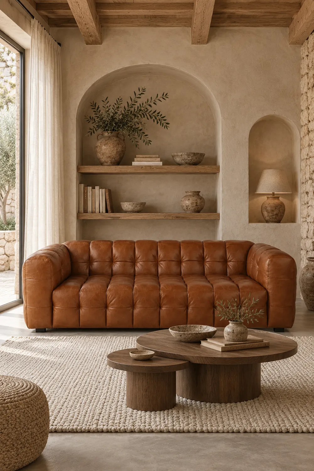 Vue d'ensemble du canapé Lilo Maisons du Monde 3 places en cuir, coloris camel, style arrondi, dans un salon (mise en situation illustrée par IA)