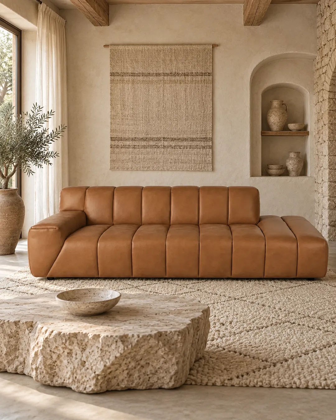 Plan rapproché du canapé Snoop Maisons du Monde 3 places en cuir, coloris caramel, style contemporain, dans un salon (mise en situation illustrée par IA)
