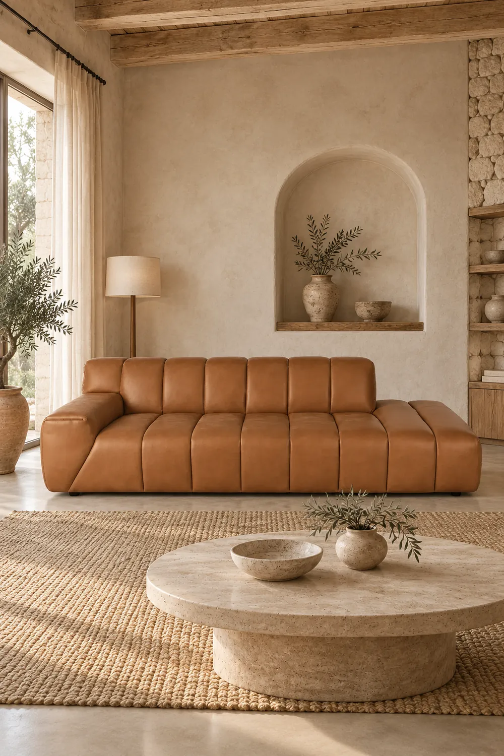 Vue d'ensemble du canapé Snoop Maisons du Monde 3 places en cuir, coloris caramel, style contemporain, dans un salon (mise en situation illustrée par IA)