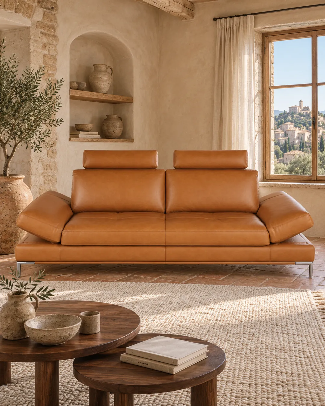 Plan rapproché du canapé Geller Maisons du Monde 3 places en cuir, coloris camel, style contemporain, dans un salon (mise en situation illustrée par IA)