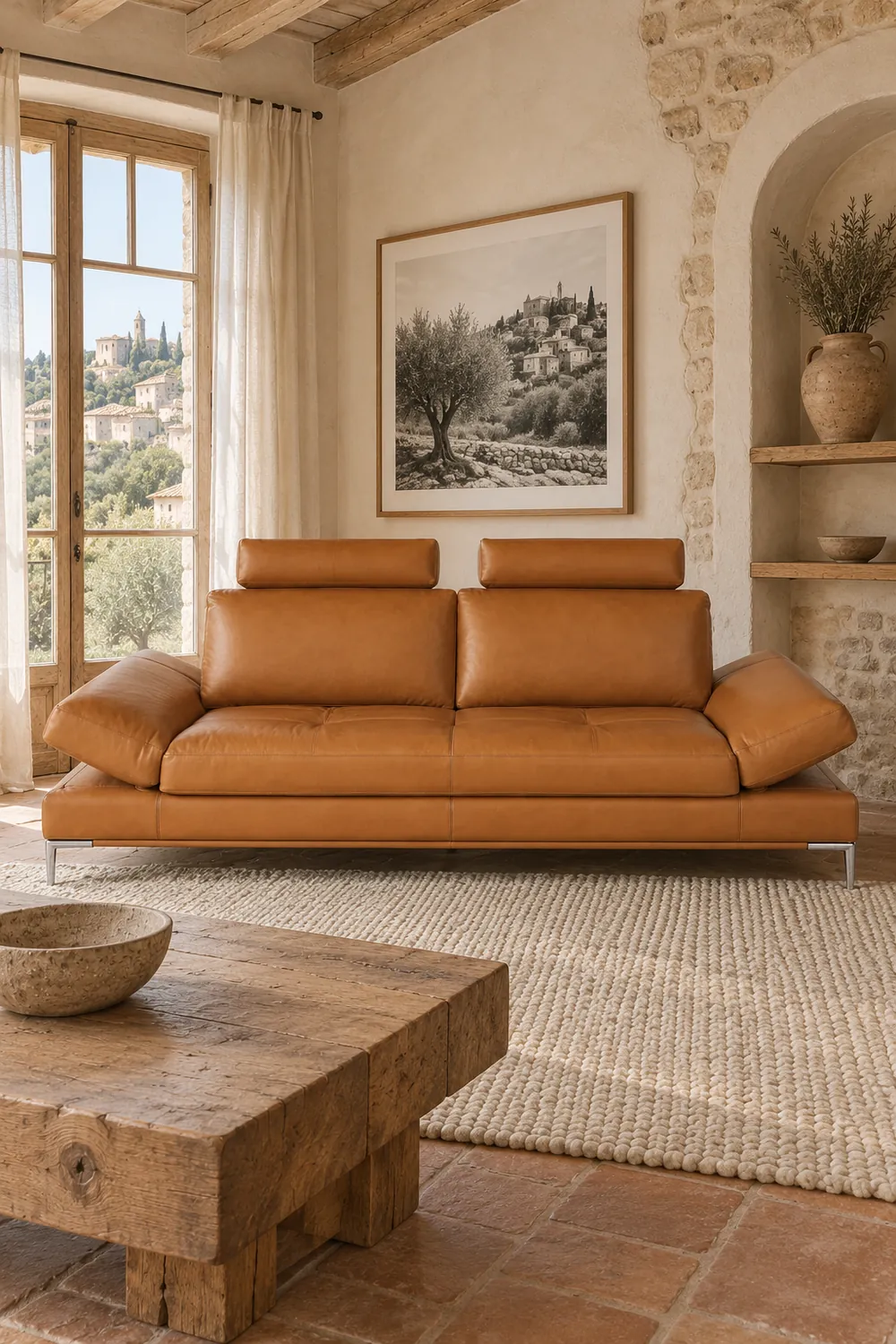 Vue d'ensemble du canapé Geller Maisons du Monde 3 places en cuir, coloris camel, style contemporain, dans un salon (mise en situation illustrée par IA)