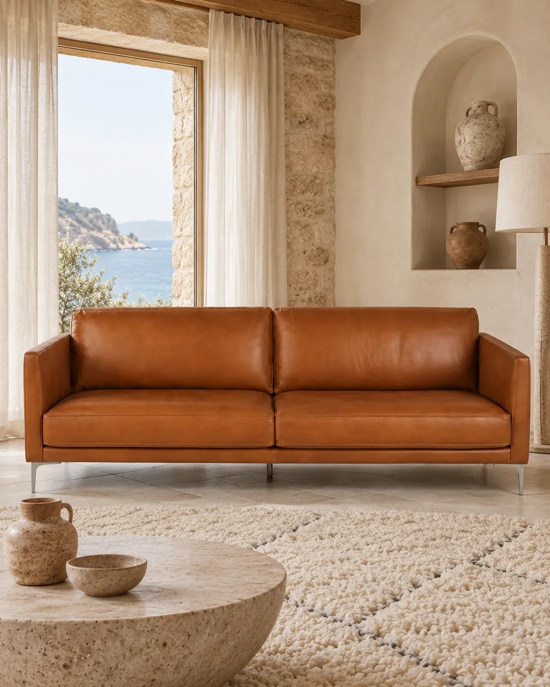 Plan rapproché du canapé Tyler Maisons du Monde 3 places en cuir, coloris marron, style contemporain, dans un salon (mise en situation illustrée par IA)
