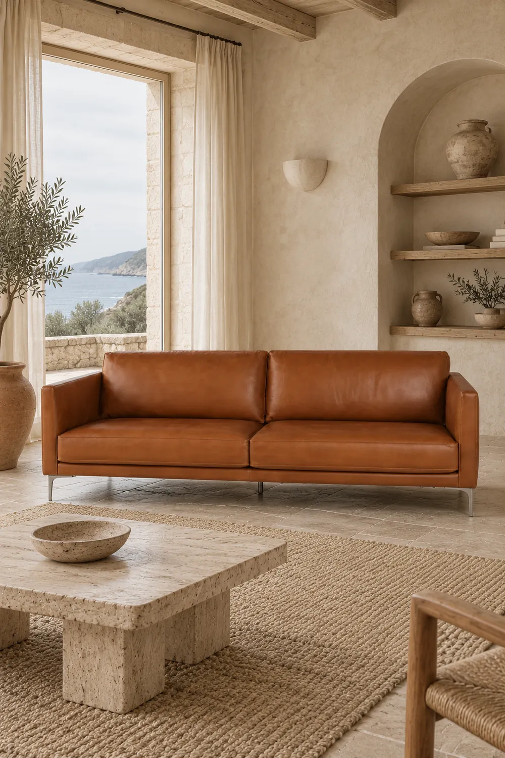 Vue d'ensemble du canapé Tyler Maisons du Monde 3 places en cuir, coloris marron, style contemporain, dans un salon (mise en situation illustrée par IA)