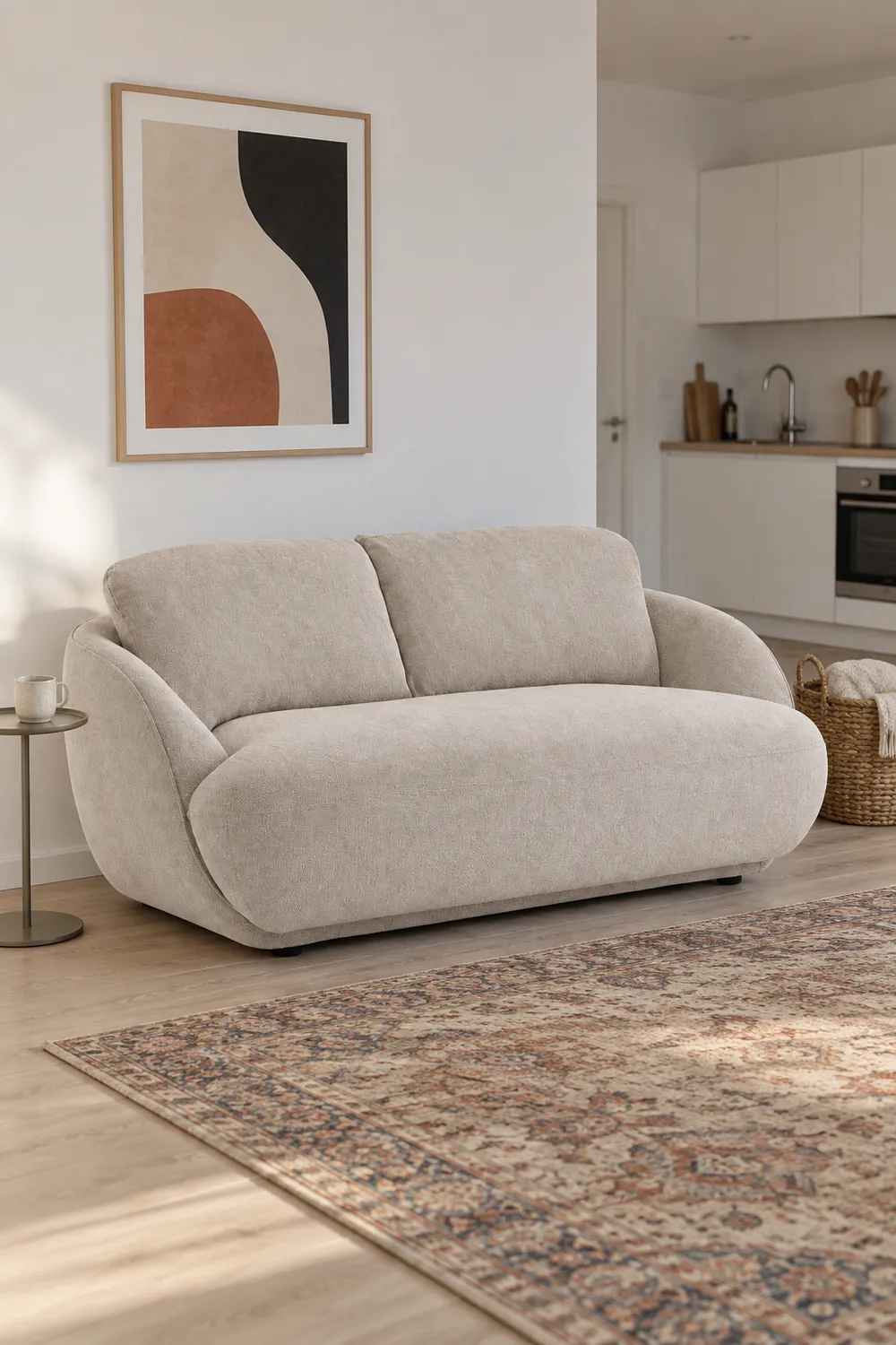 Vue d'ensemble du canapé Alpine La Redoute 2 places en tissu, coloris crème, style arrondi, dans un studio de 25 m² (mise en situation illustrée par IA)