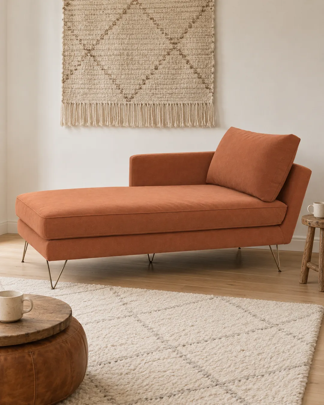 Plan rapproché du canapé Topim La Redoute en velours, coloris tabac, style contemporain, dans un petit salon de 10 à 15 m² (mise en situation illustrée par IA)