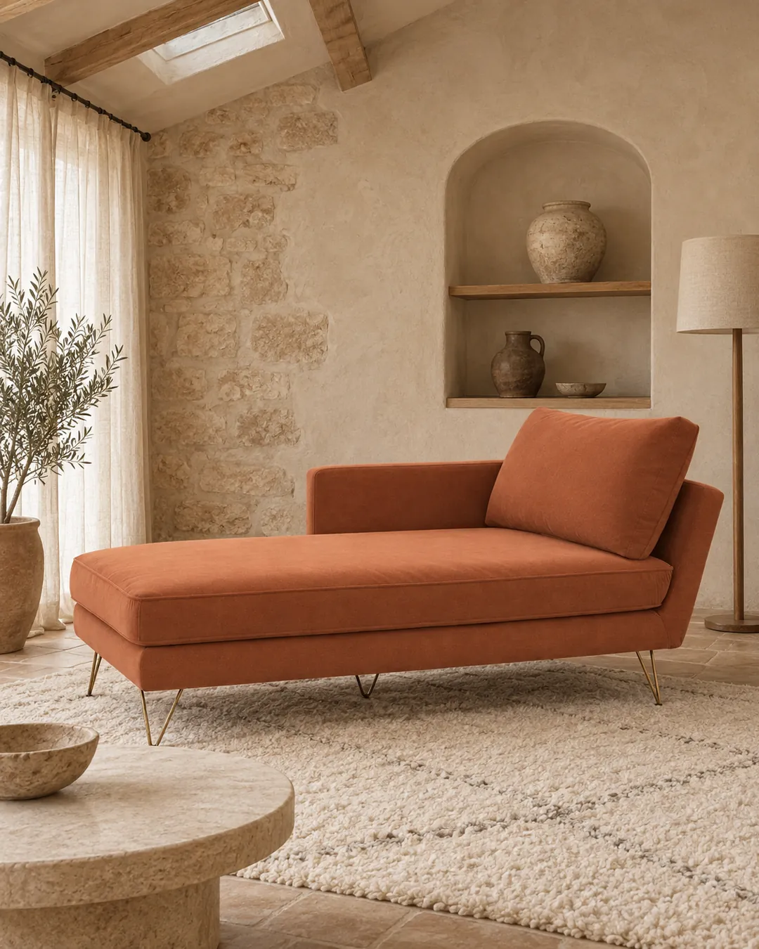 Plan rapproché du canapé Topim La Redoute en velours, coloris tabac, style contemporain, dans un salon (mise en situation illustrée par IA)
