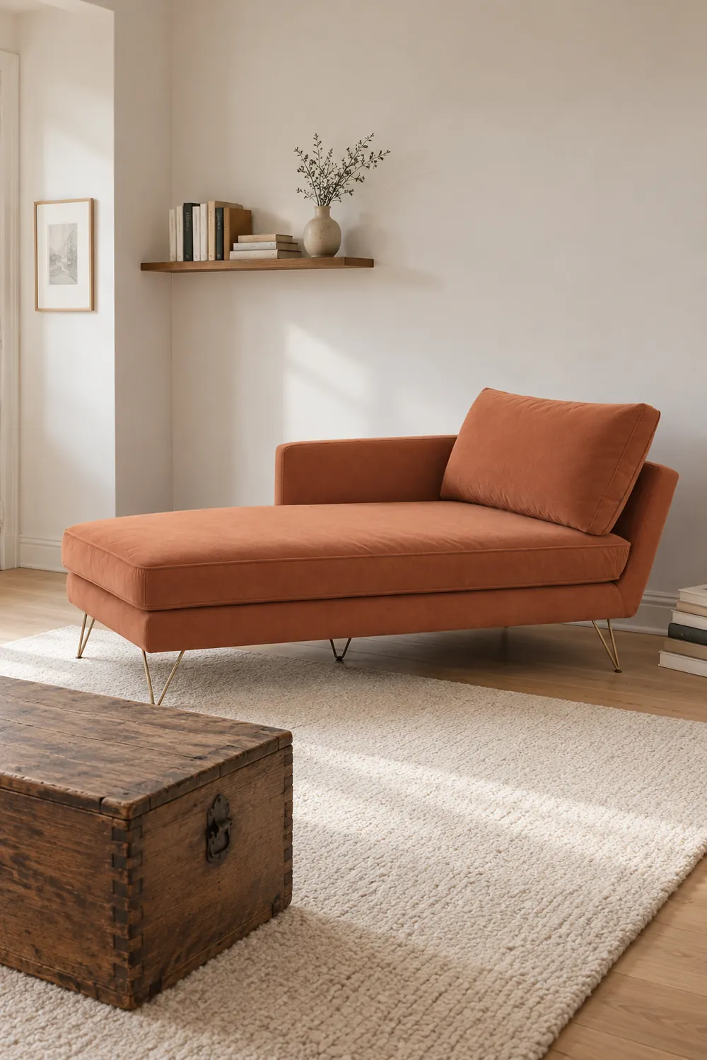 Vue d'ensemble du canapé Topim La Redoute en velours, coloris tabac, style contemporain, dans un petit salon de 10 à 15 m² (mise en situation illustrée par IA)