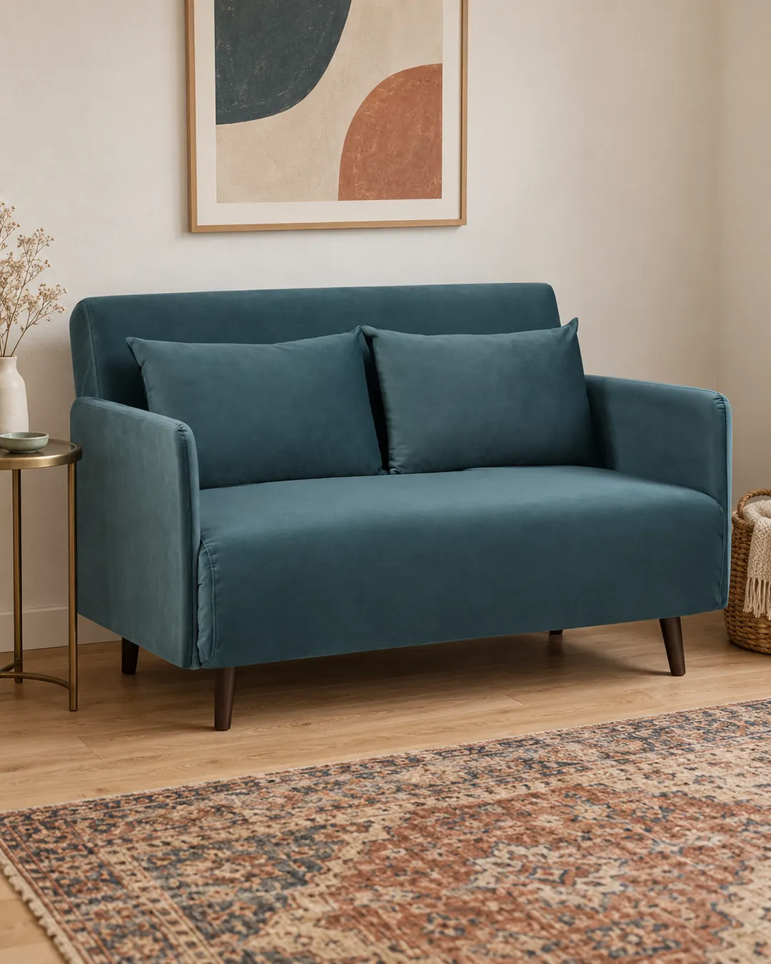 Plan rapproché du canapé Belushi Maisons du Monde 2 places convertible en velours, coloris bleu canard, style contemporain, dans un petit salon de 10 à 15 m² (mise en situation illustrée par IA)