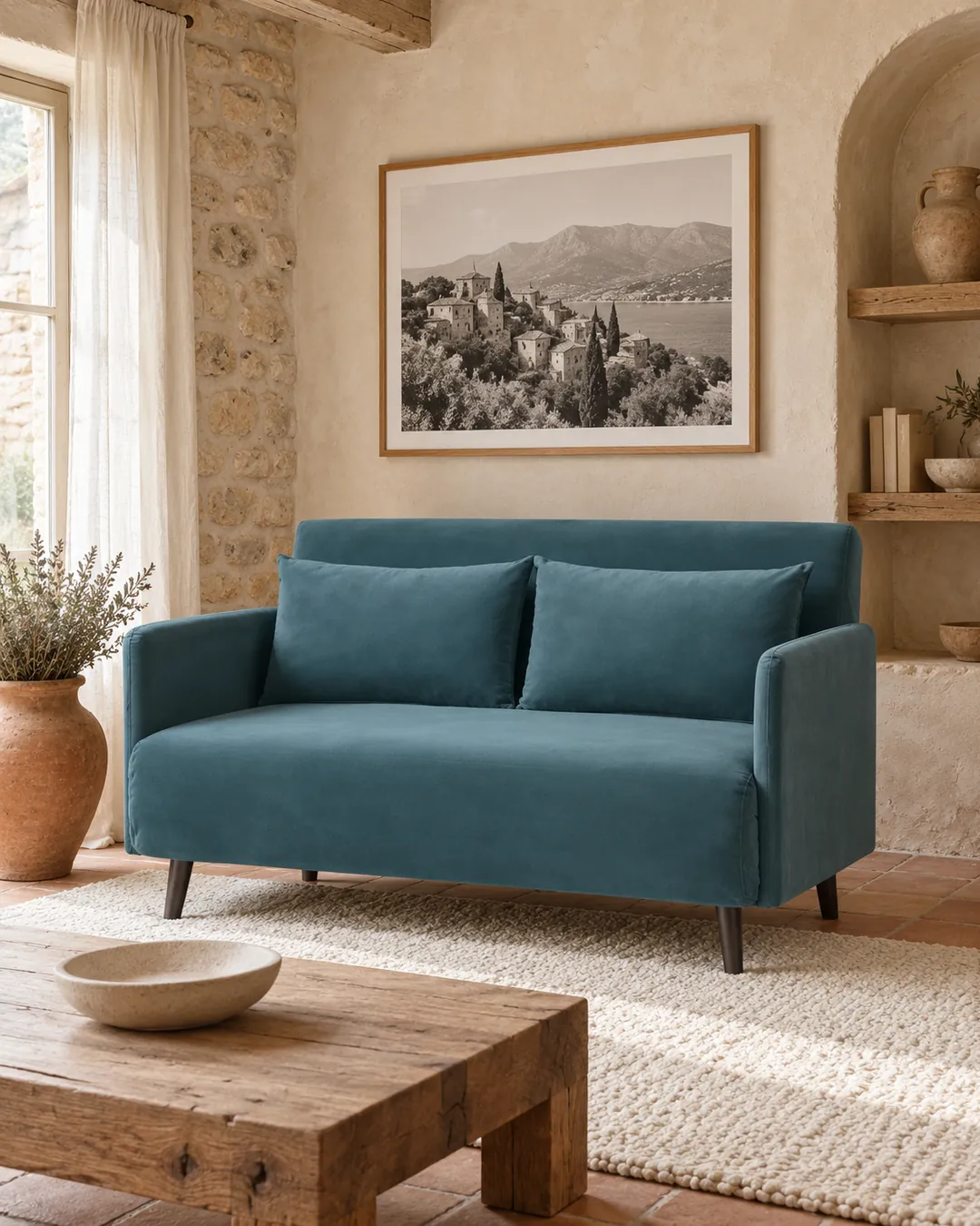 Plan rapproché du canapé Belushi Maisons du Monde 2 places convertible en velours, coloris bleu canard, style contemporain, dans un salon (mise en situation illustrée par IA)