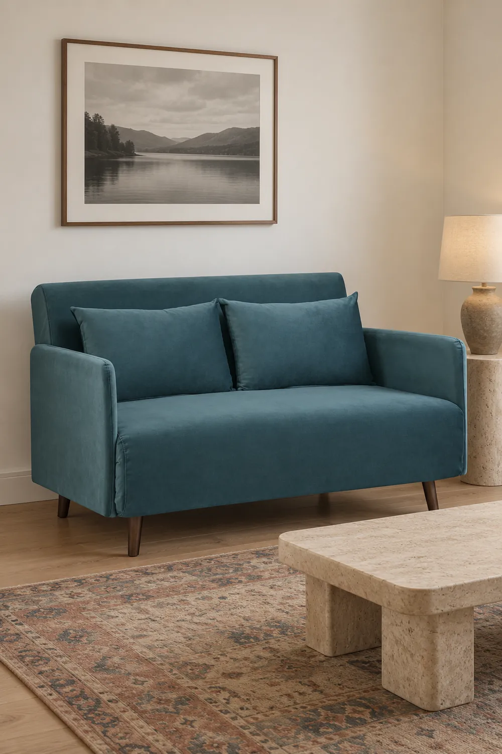 Vue d'ensemble du canapé Belushi Maisons du Monde 2 places convertible en velours, coloris bleu canard, style contemporain, dans un petit salon de 10 à 15 m² (mise en situation illustrée par IA)