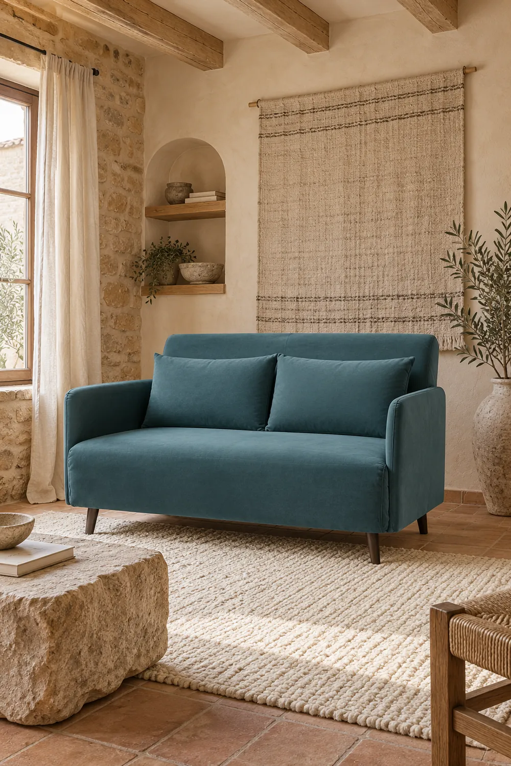 Mise en situation illustrée par IA à partir de la photo du coloris Vue d'ensemble du canapé Belushi Maisons du Monde 2 places convertible en velours, coloris bleu canard, style contemporain, dans un salon (mise en situation illustrée par IA)