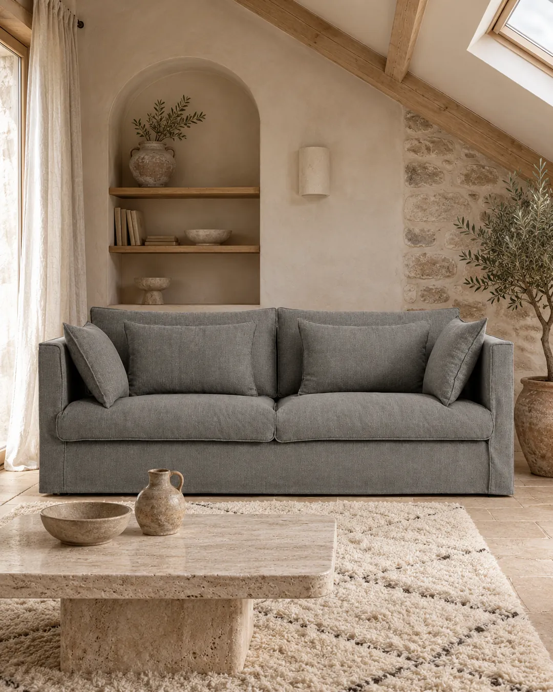 Plan rapproché du canapé Camille La Redoute 3 places en tissu, coloris anthracite, style campagne chic, dans un salon (mise en situation illustrée par IA)