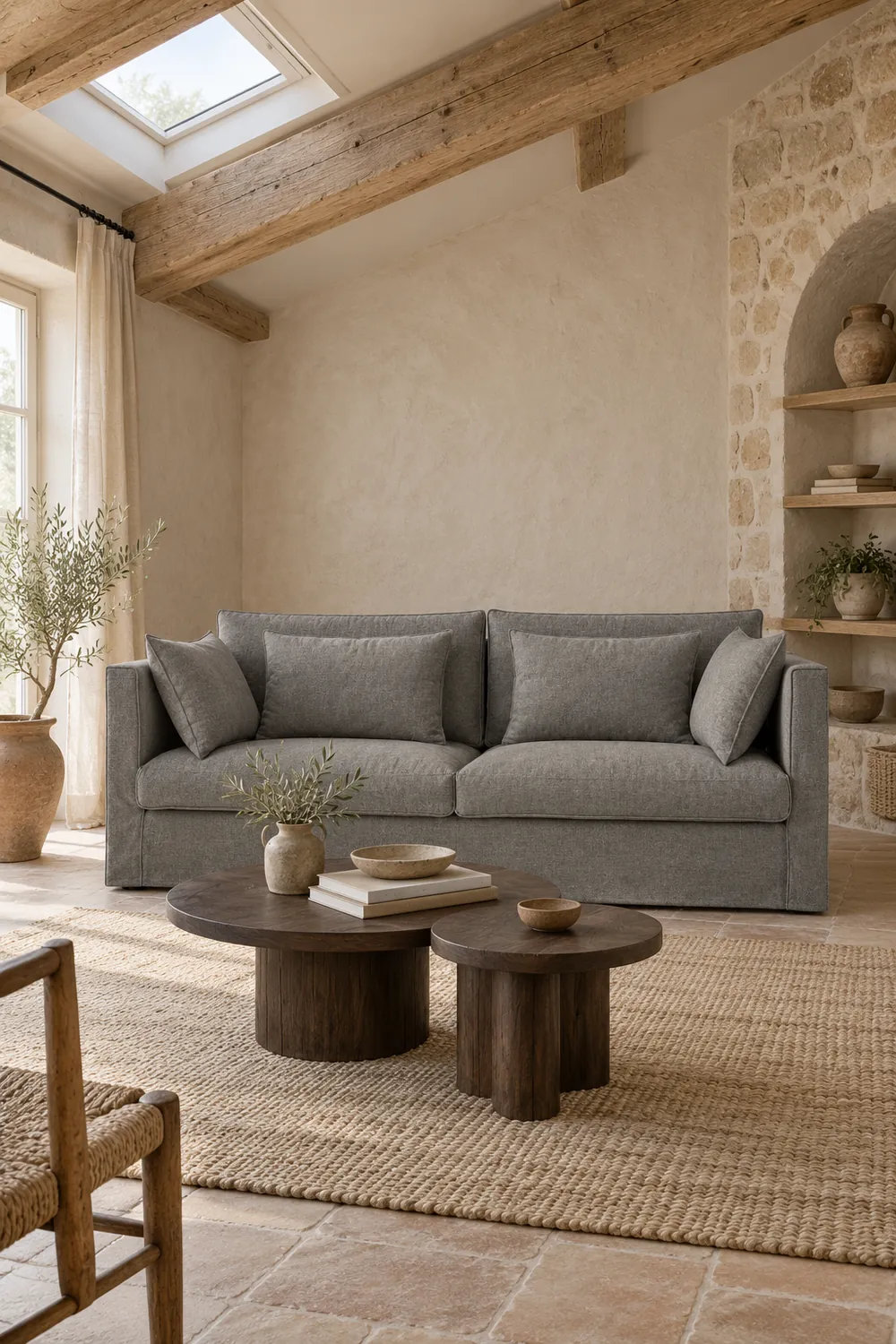 Mise en situation illustrée par IA à partir de la photo du coloris Vue d'ensemble du canapé Camille AM.PM 3 places en tissu, coloris anthracite, style campagne chic, dans un salon (mise en situation illustrée par IA)