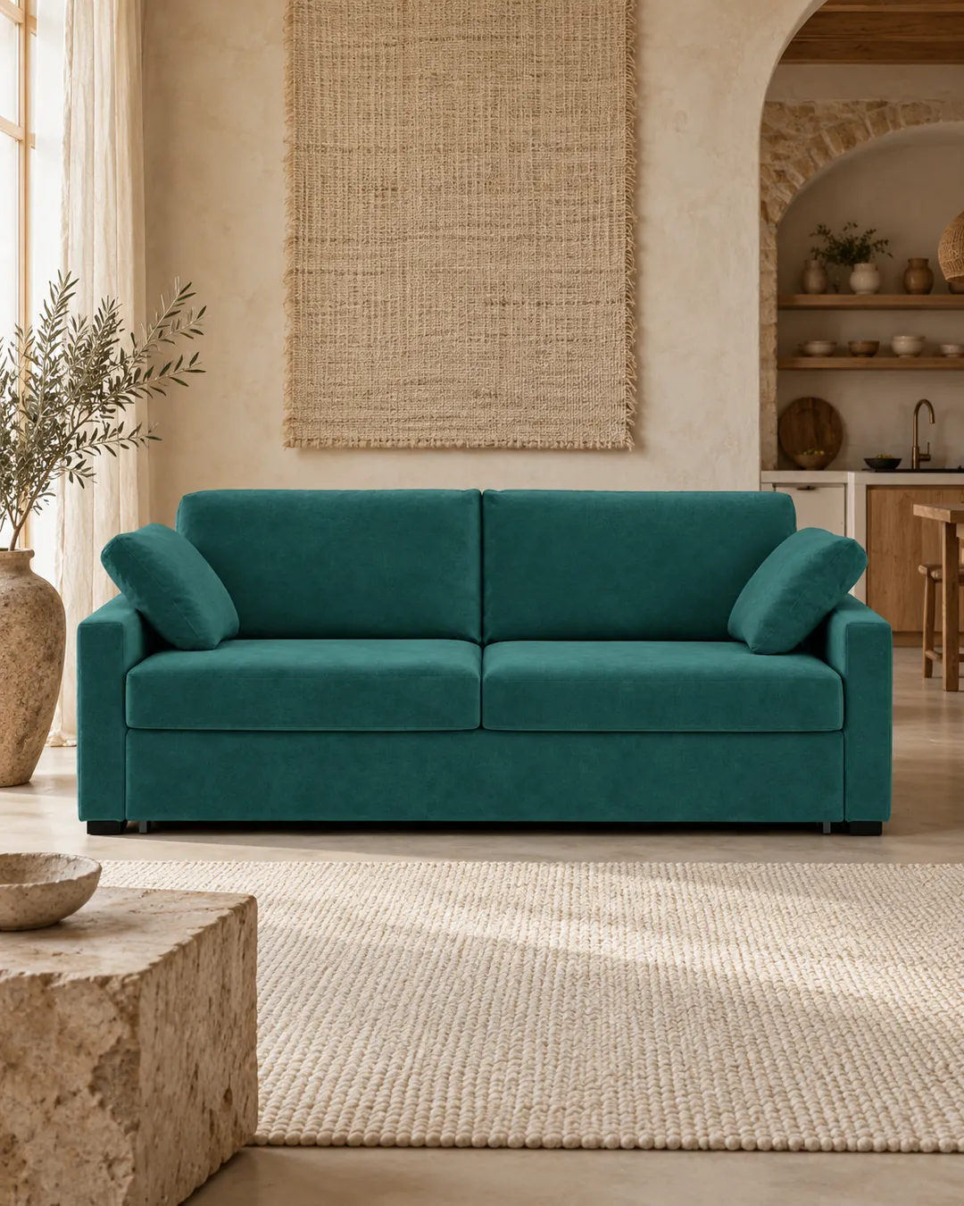Plan rapproché du canapé Timor La Redoute 2 places convertible en velours, coloris emeraude, style contemporain, dans un salon (mise en situation illustrée par IA)