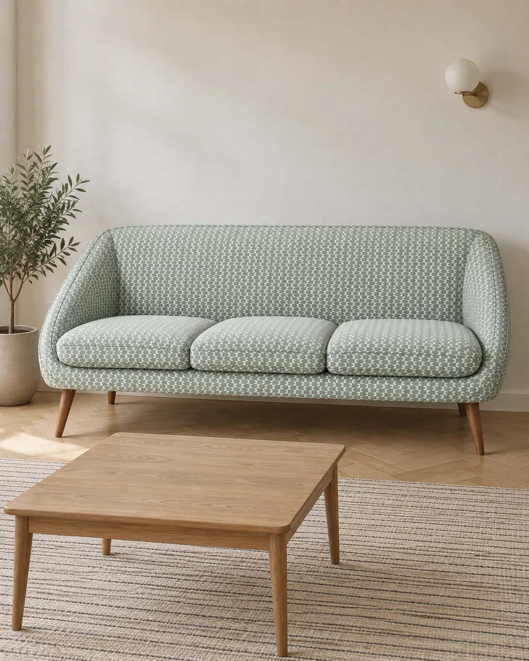 Plan rapproché du canapé Semeon La Redoute 2 places en tissu, coloris céladon/blanc, style vintage, dans un petit salon de 10 à 15 m² (mise en situation illustrée par IA)