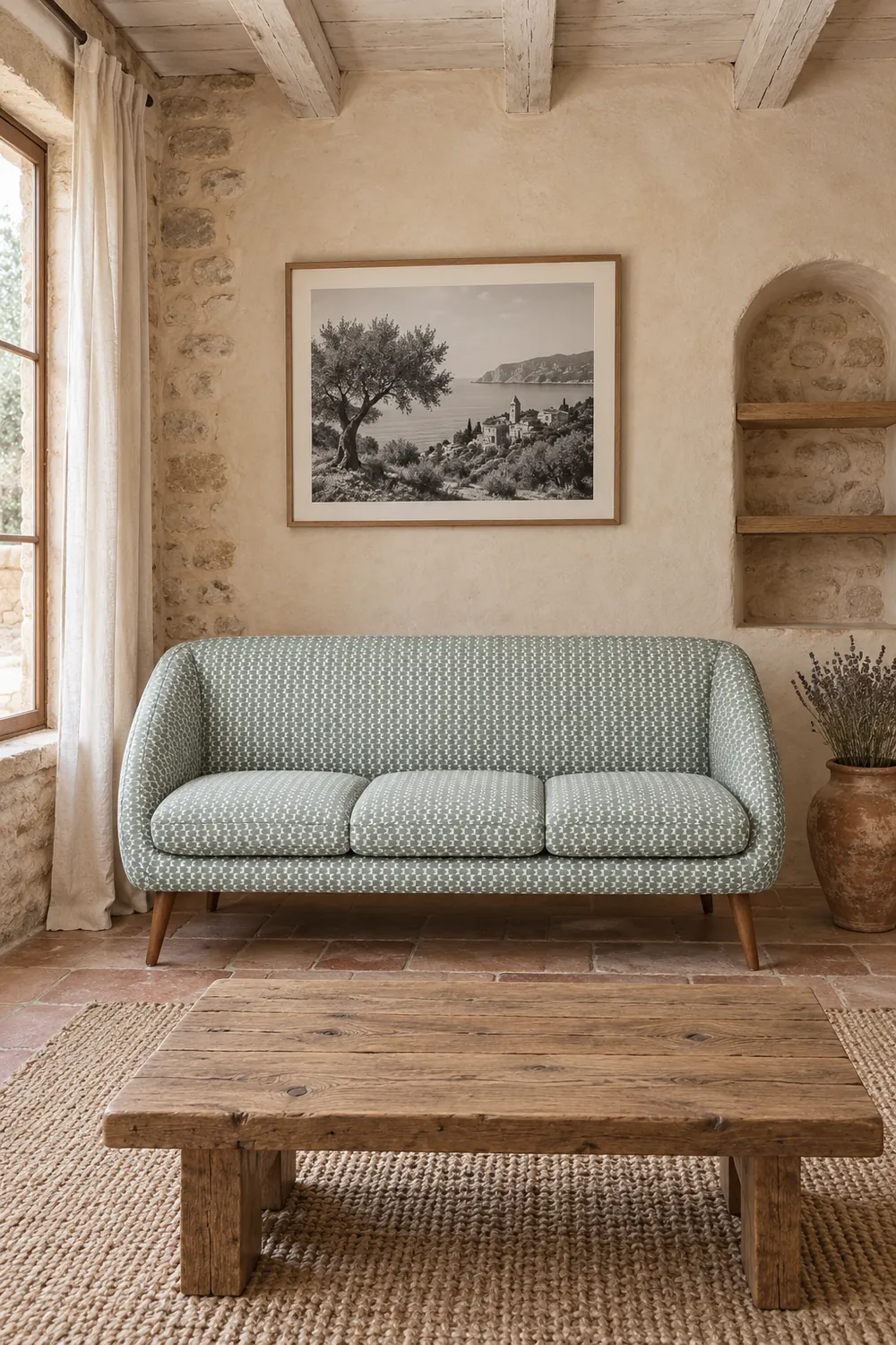 Vue d'ensemble du canapé Semeon La Redoute 2 places en tissu, coloris céladon/blanc, style vintage, dans un salon (mise en situation illustrée par IA)