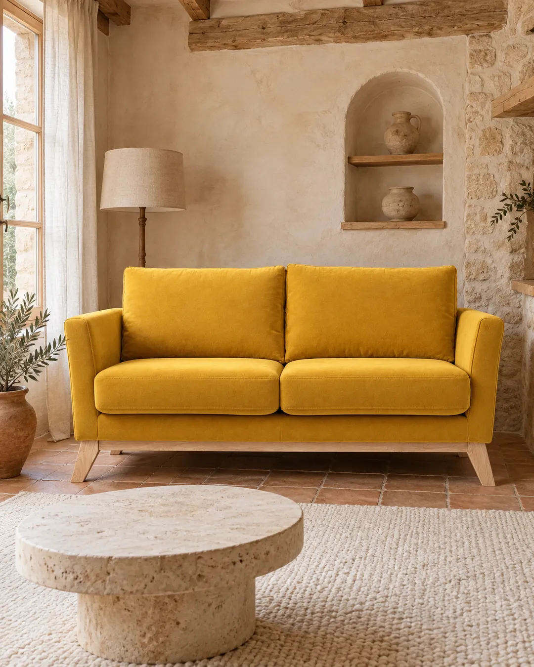 Plan rapproché du canapé Oslo Miliboo 2 places en tissu, coloris effet velours jaune moutarde, style scandinave, dans un salon (mise en situation illustrée par IA)