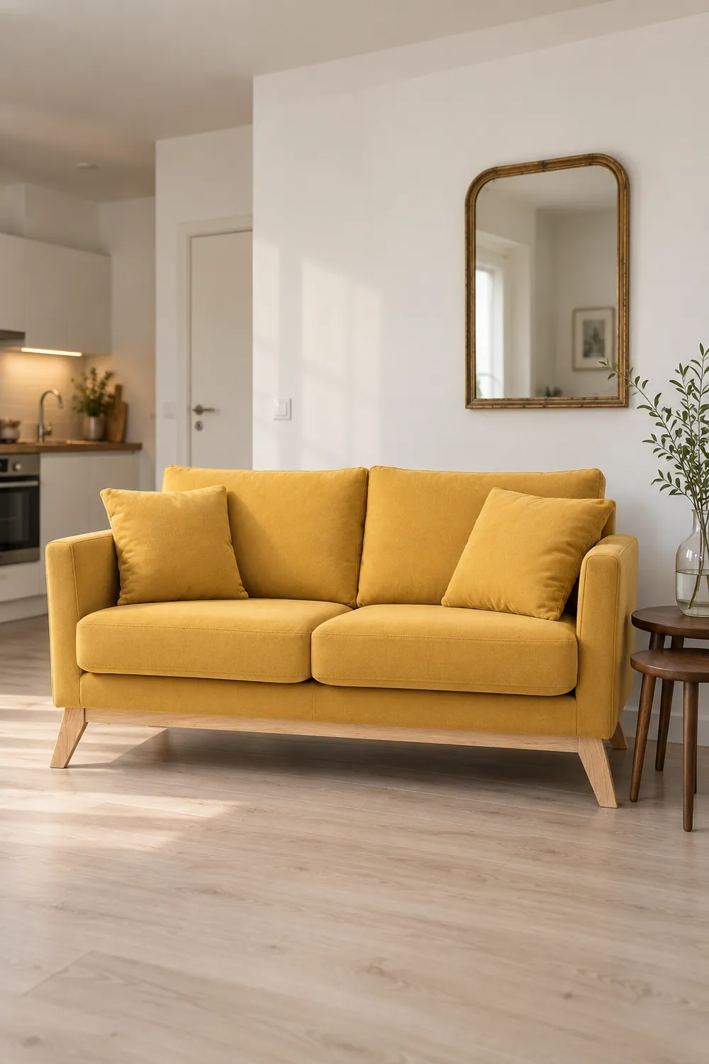 Vue d'ensemble du canapé Oslo Miliboo 2 places en tissu, coloris effet velours jaune moutarde, style scandinave, dans un studio de 25 m² (mise en situation illustrée par IA)