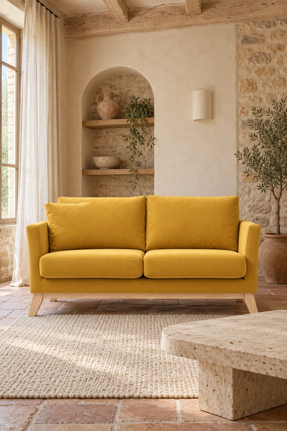 Mise en situation illustrée par IA à partir de la photo du coloris Vue d'ensemble du canapé Oslo Miliboo 2 places en tissu, coloris effet velours jaune moutarde, style scandinave, dans un salon (mise en situation illustrée par IA)