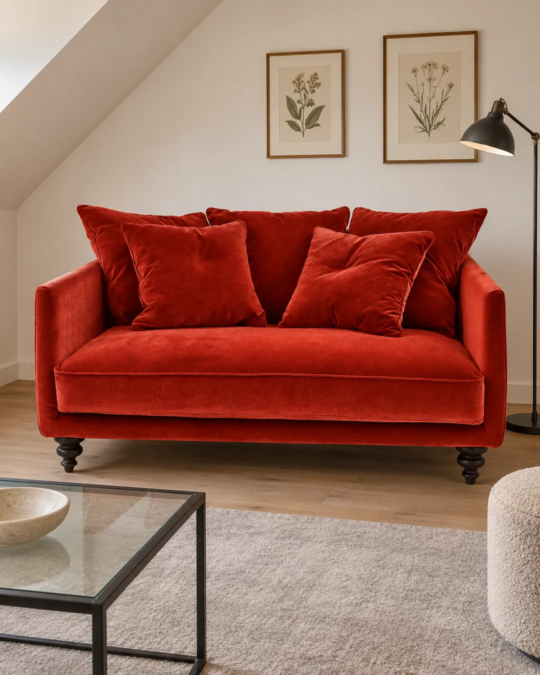 Plan rapproché du canapé Lazare La Redoute 2 places en velours, coloris rouge cinabre, style classique, dans un petit séjour sous les toits (mise en situation illustrée par IA)