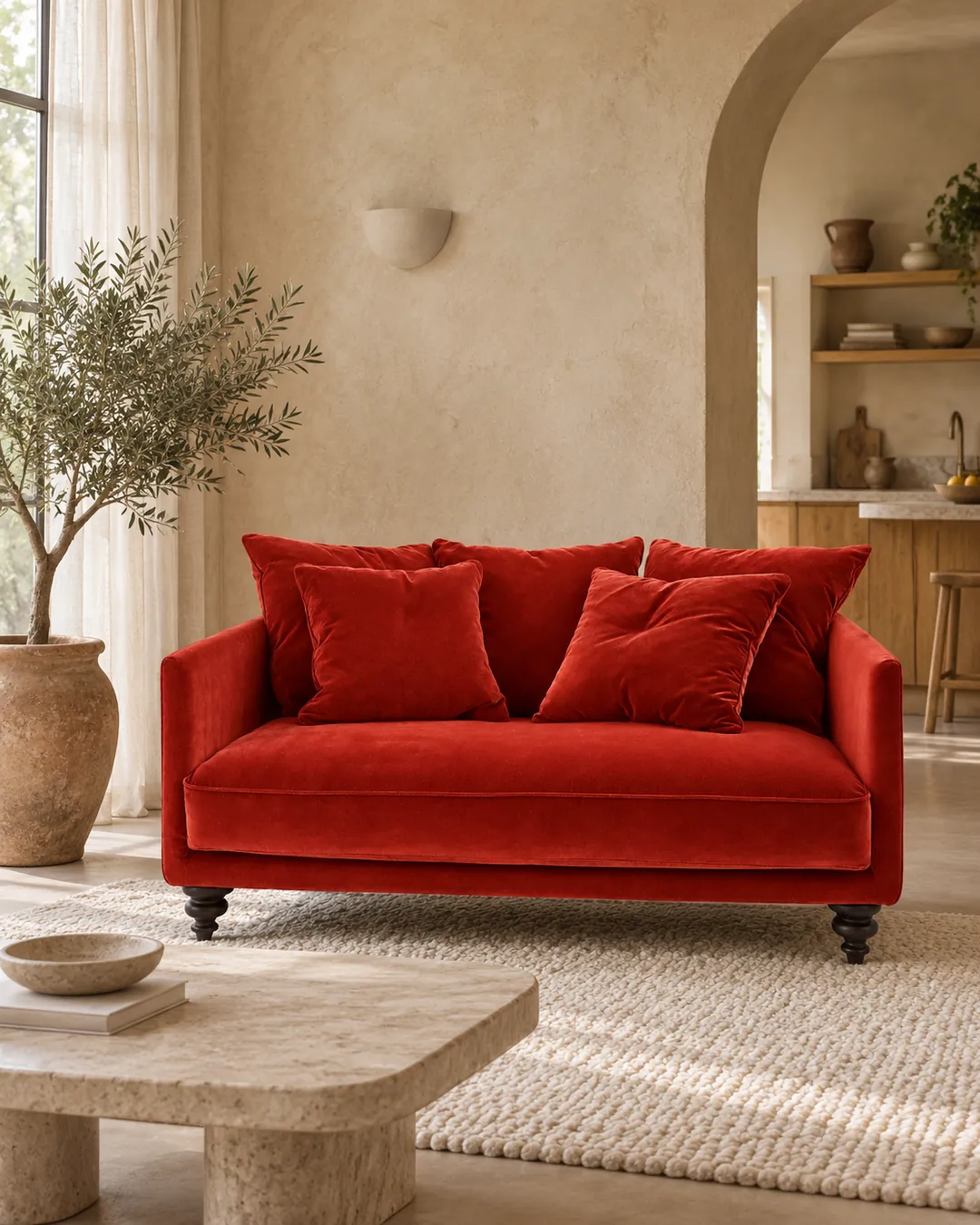 Plan rapproché du canapé Lazare La Redoute 2 places en velours, coloris rouge cinabre, style classique, dans un salon (mise en situation illustrée par IA)