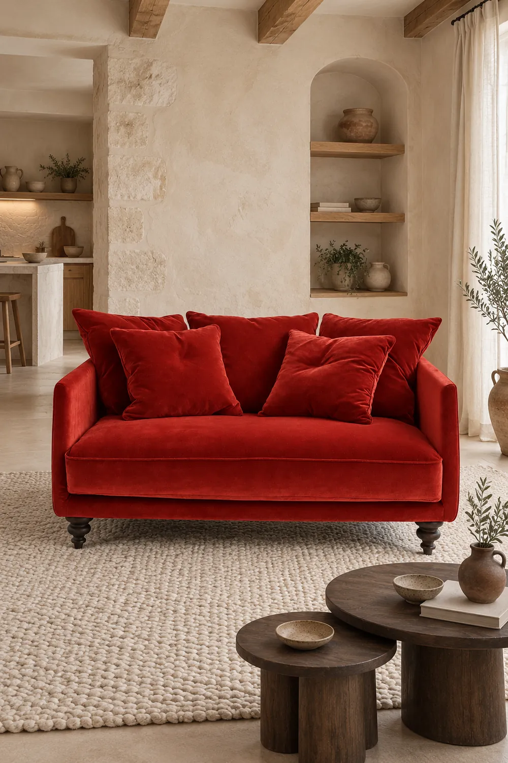 Vue d'ensemble du canapé Lazare AM.PM 2 places en velours, coloris rouge cinabre, style classique, dans un salon (mise en situation illustrée par IA)