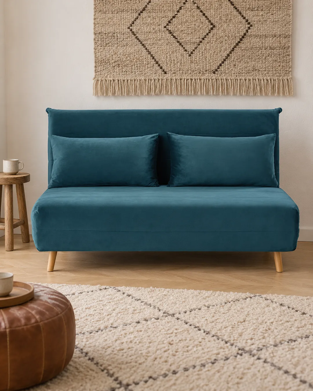 Plan rapproché du canapé Nio Maisons du Monde 2 places convertible en velours, coloris bleu pétrole, style scandinave, dans un petit salon de 10 à 15 m² (mise en situation illustrée par IA)