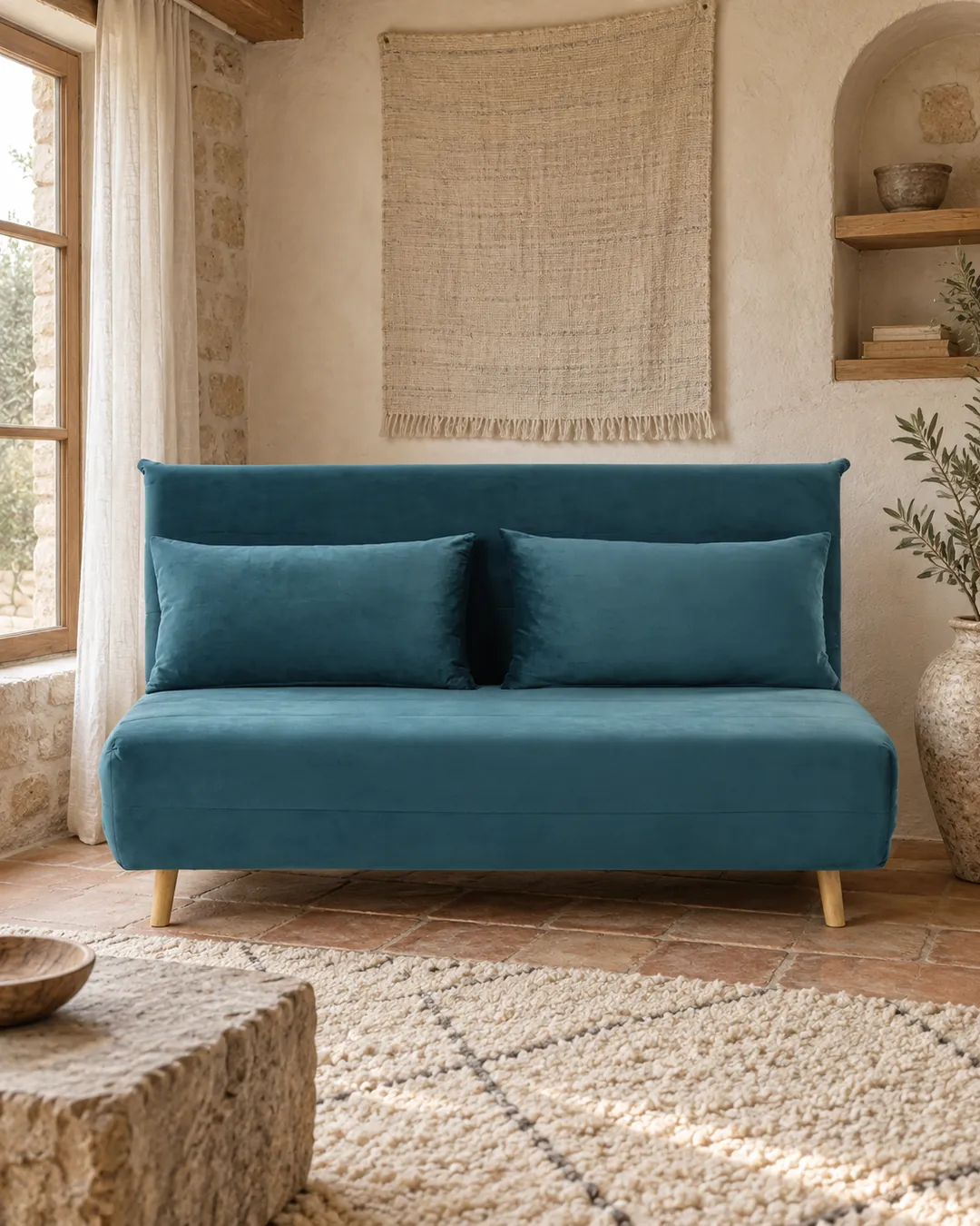 Plan rapproché du canapé Nio Maisons du Monde 2 places convertible en velours, coloris bleu pétrole, style scandinave, dans un salon (mise en situation illustrée par IA)