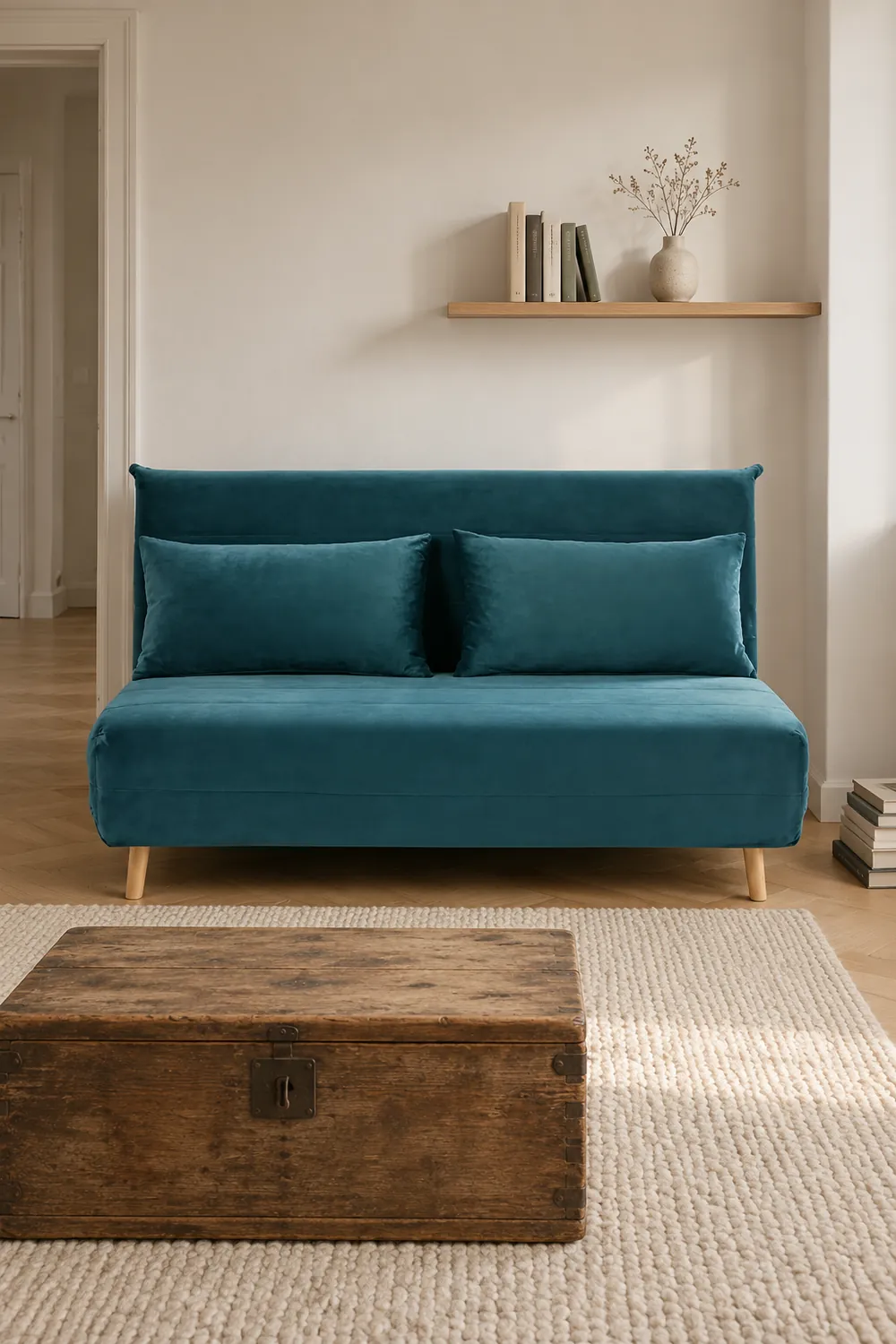 Vue d'ensemble du canapé Nio Maisons du Monde 2 places convertible en velours, coloris bleu pétrole, style scandinave, dans un petit salon de 10 à 15 m² (mise en situation illustrée par IA)