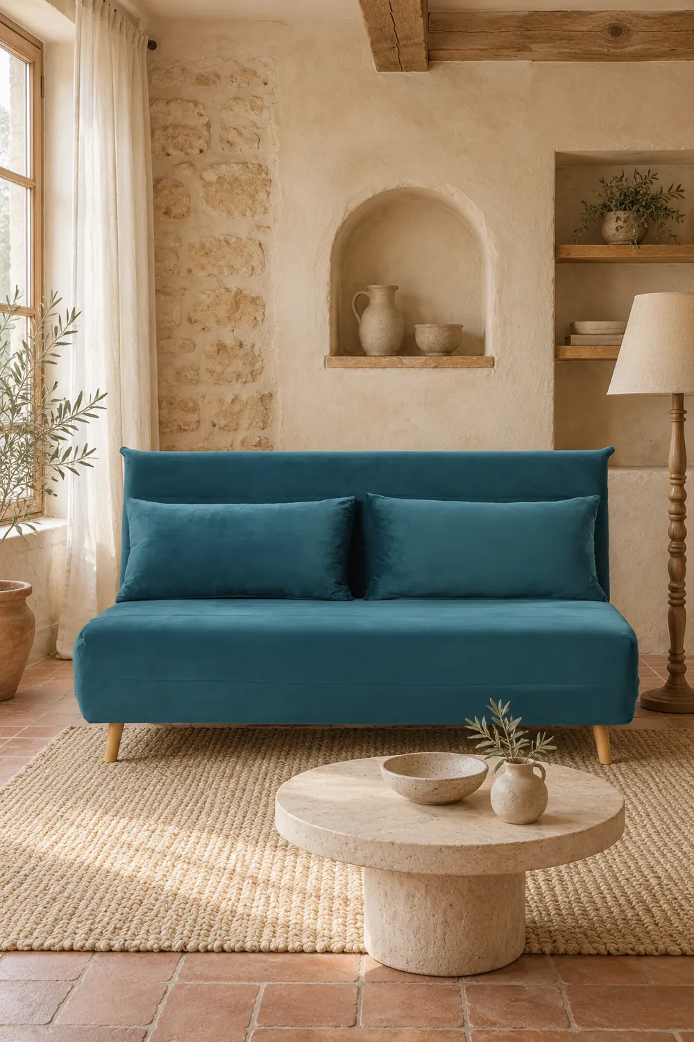 Mise en situation illustrée par IA à partir de la photo du coloris Vue d'ensemble du canapé Nio Maisons du Monde 2 places convertible en velours, coloris bleu pétrole, style scandinave, dans un salon (mise en situation illustrée par IA)