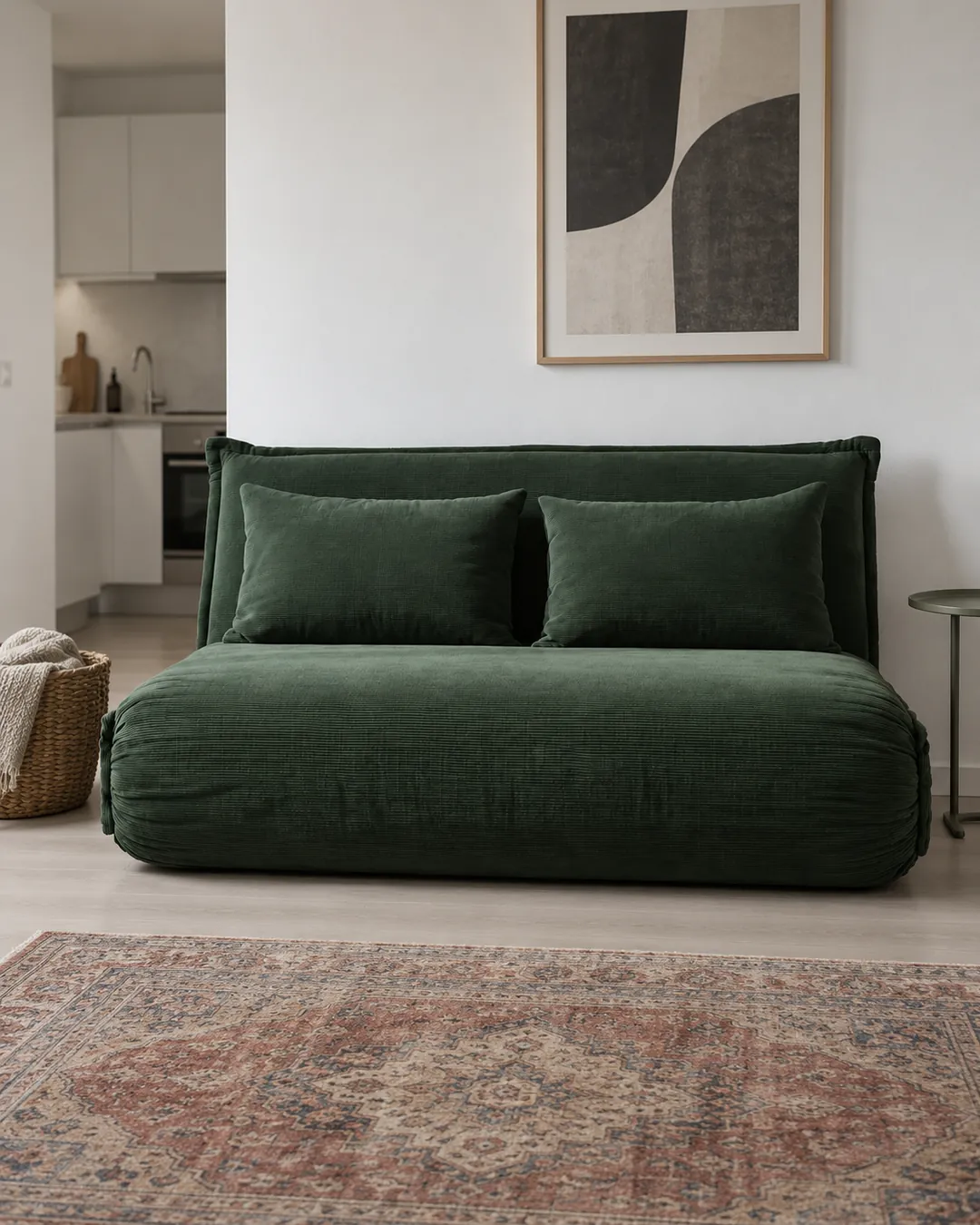 Plan rapproché du canapé Hallen Maisons du Monde 2 places convertible en velours, coloris vert, style contemporain, dans un studio de 25 m² (mise en situation illustrée par IA)