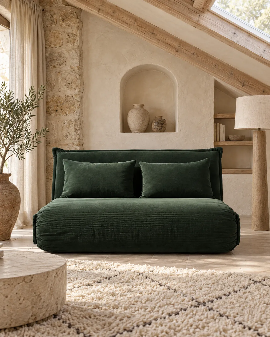 Plan rapproché du canapé Hallen Maisons du Monde 2 places convertible en velours, coloris vert, style contemporain, dans un salon (mise en situation illustrée par IA)