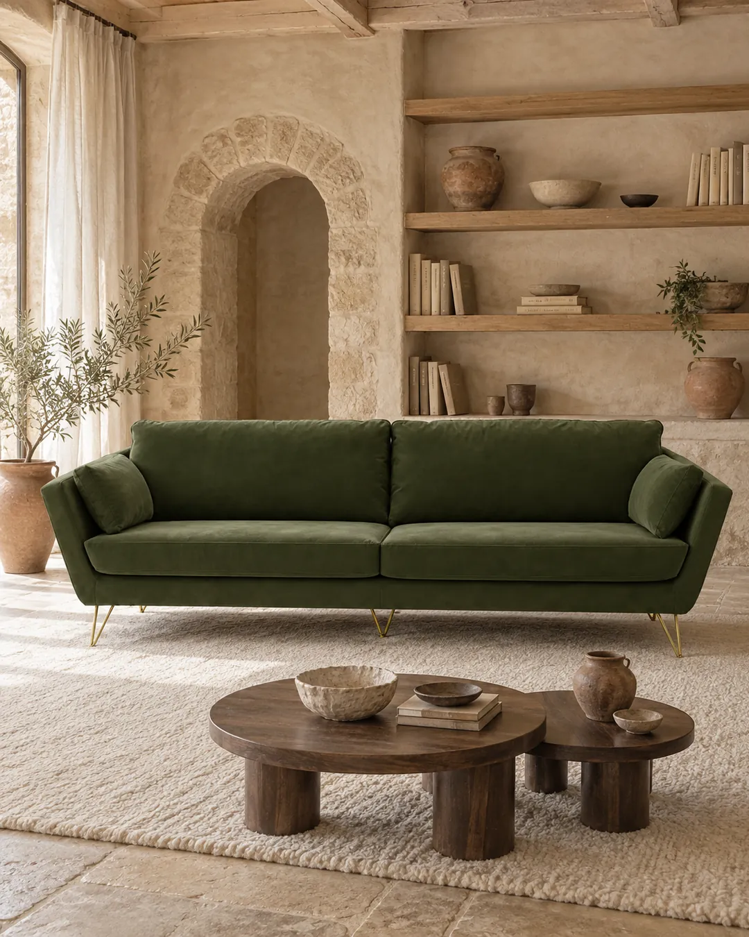 Plan rapproché du canapé Topim La Redoute 4 places en velours, coloris olive, style contemporain, dans un salon (mise en situation illustrée par IA)