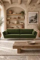 Vue d'ensemble du canapé Topim La Redoute 4 places en velours, coloris olive, style contemporain, dans un salon (mise en situation illustrée par IA)