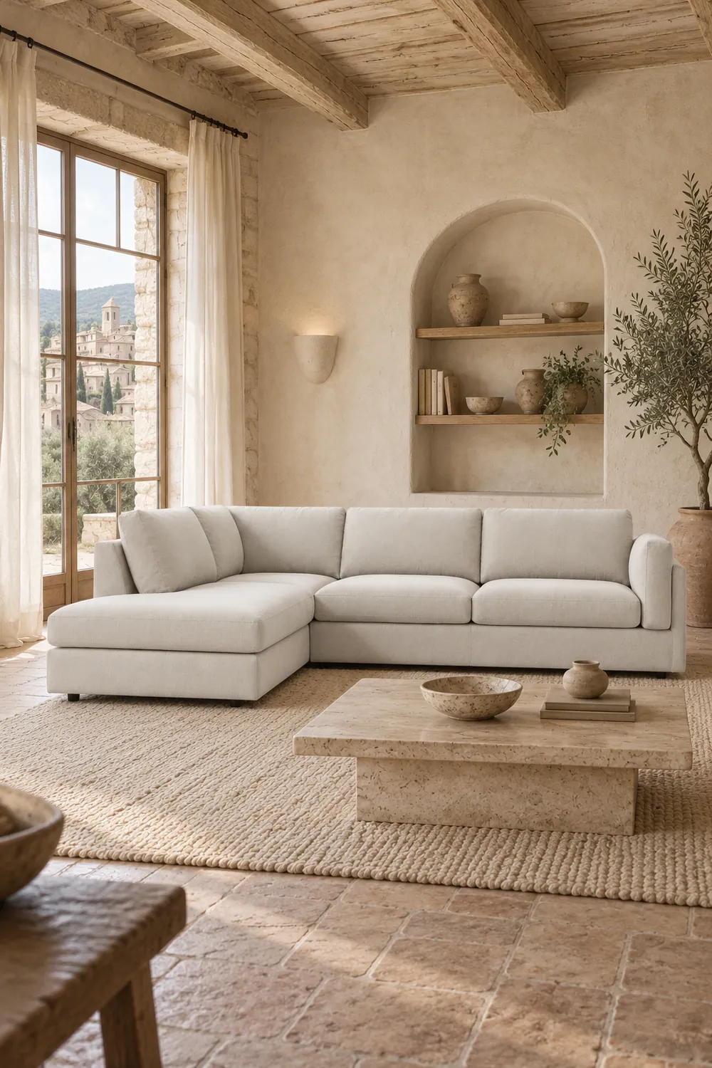 Vue d'ensemble du canapé Cesar La Redoute d'angle convertible en velours, coloris blanc, style contemporain, dans un salon (mise en situation illustrée par IA)