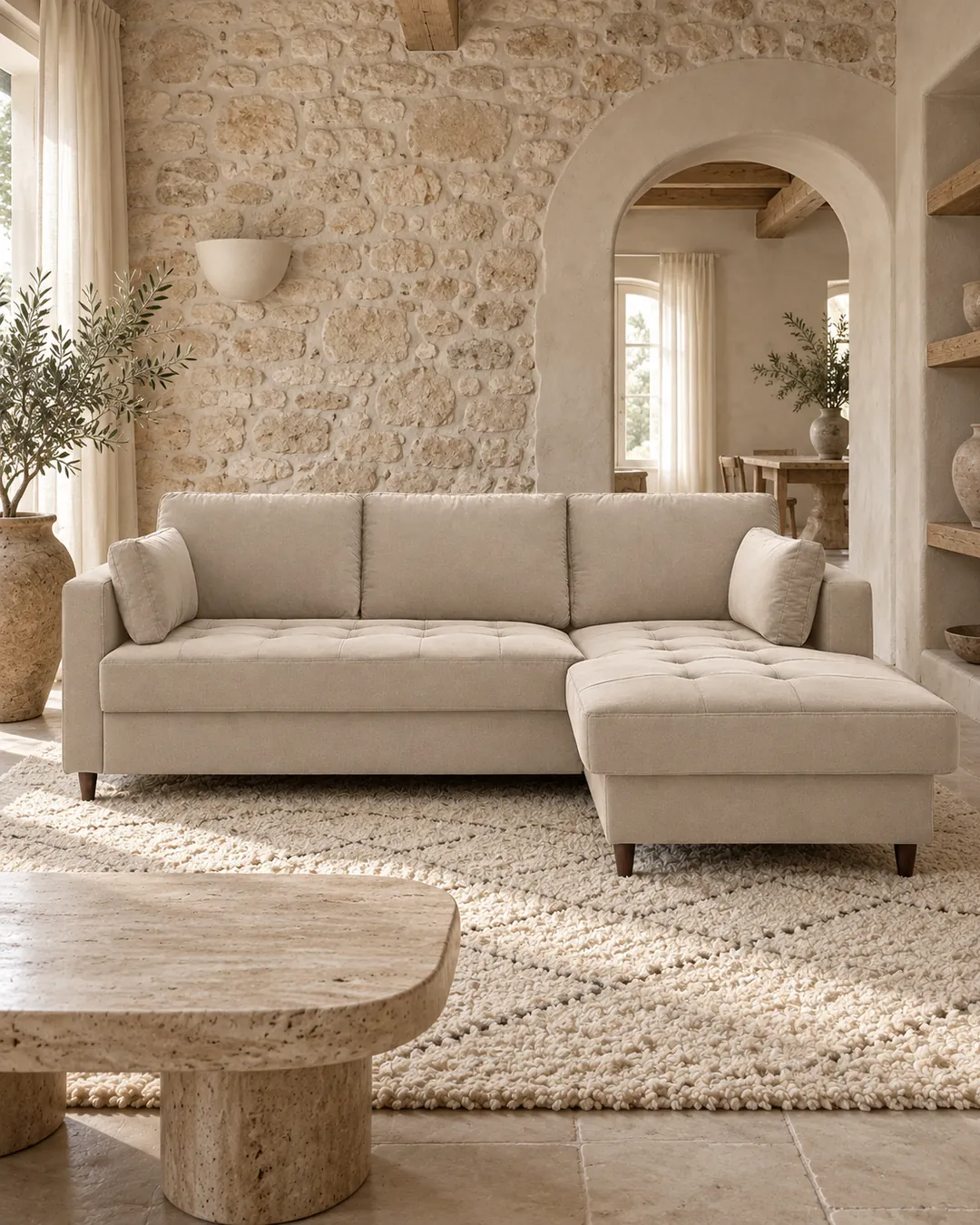 Plan rapproché du canapé Anna Best Mobilier d'angle convertible en velours, coloris beige, style contemporain, dans un salon (mise en situation illustrée par IA)