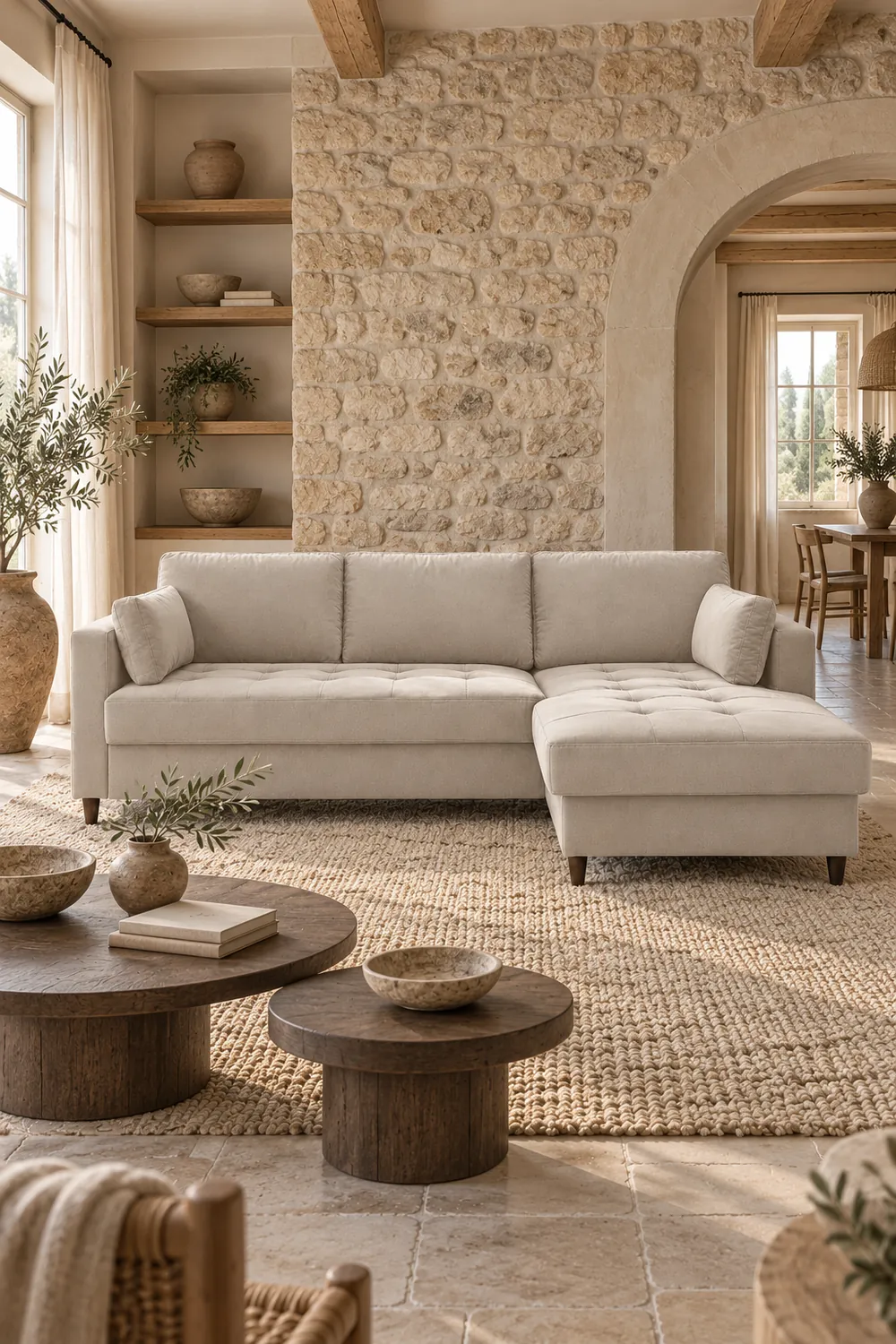 Vue d'ensemble du canapé Anna Best Mobilier d'angle convertible en velours, coloris beige, style contemporain, dans un salon (mise en situation illustrée par IA)
