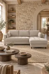 Vue d'ensemble du canapé Anna Best Mobilier d'angle convertible en velours, coloris beige, style contemporain, dans un salon (mise en situation illustrée par IA)