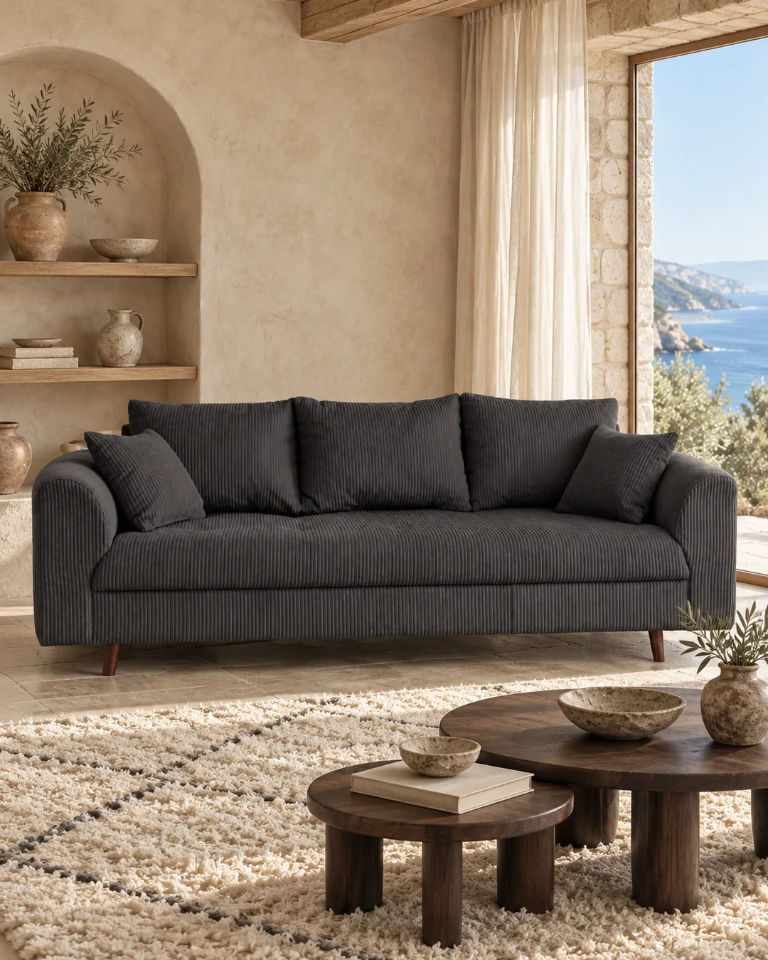 Plan rapproché du canapé Rune Best Mobilier 3 places en velours, coloris gris foncé, style vintage, dans un salon (mise en situation illustrée par IA)