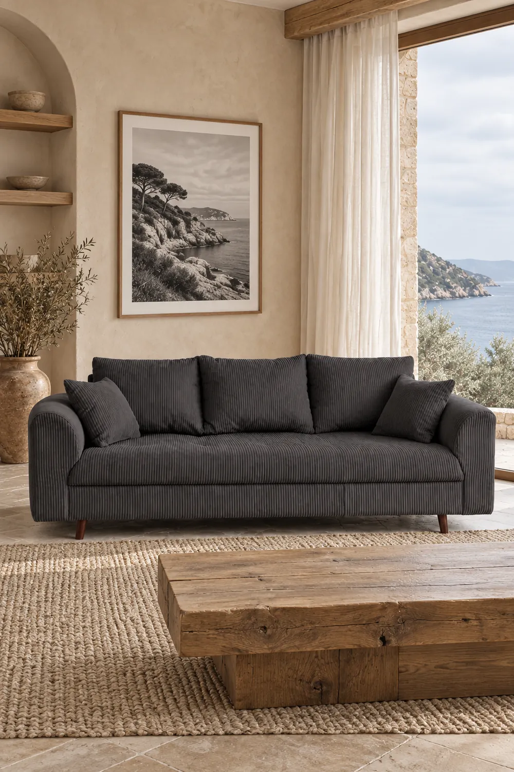 Vue d'ensemble du canapé Rune Best Mobilier 3 places en velours, coloris gris foncé, style vintage, dans un salon (mise en situation illustrée par IA)