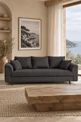 Vue d'ensemble du canapé Rune Best Mobilier 3 places en velours, coloris gris foncé, style vintage, dans un salon (mise en situation illustrée par IA)