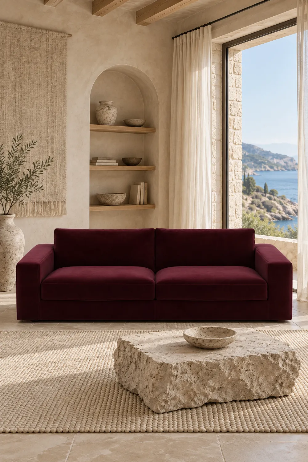Vue d'ensemble du canapé Skander AM.PM 3 places en velours, coloris prune, style contemporain, dans un salon (mise en situation illustrée par IA)
