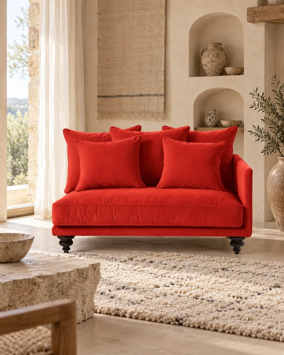 Plan rapproché du canapé Lazare AM.PM en velours, coloris rouge cinabre, style classique, dans un salon (mise en situation illustrée par IA)