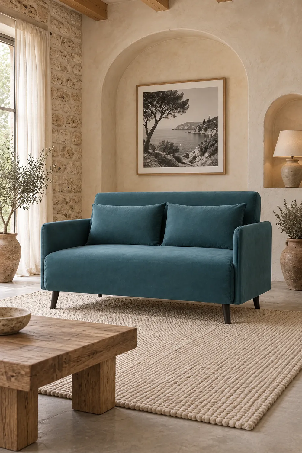 Vue d'ensemble du canapé Belushi Drawer 2 places convertible en velours, coloris bleu canard, style contemporain, dans un salon (mise en situation illustrée par IA)